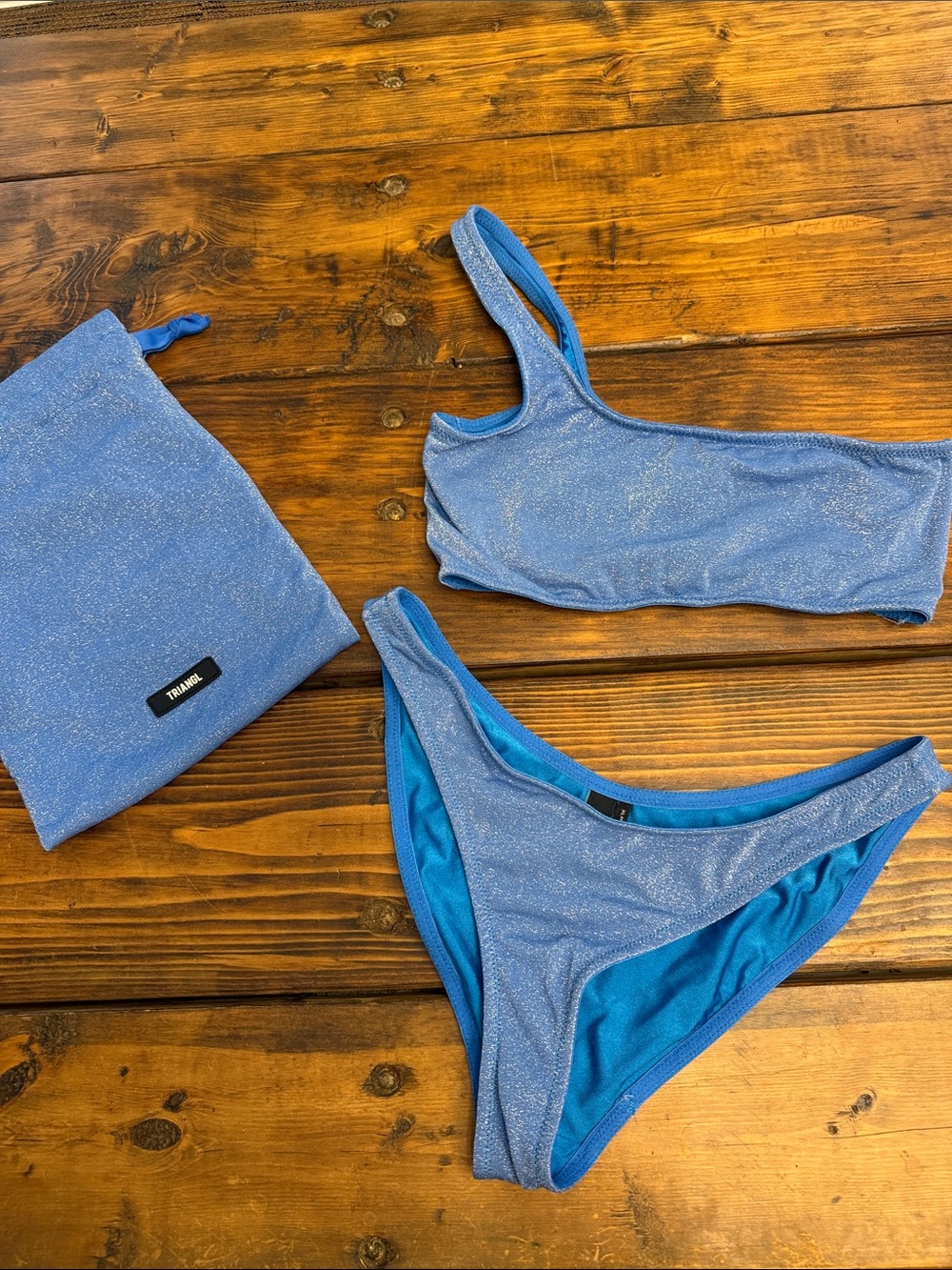 triangl swimwear Shimmering Light Blue Metallic Bikini Set with Pouch